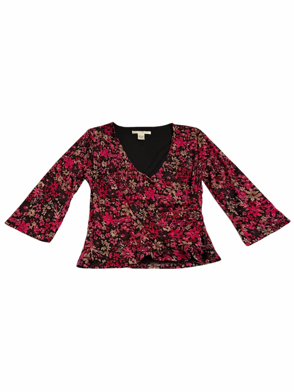 Geoffrey Beene Black and Magenta Floral Surplice Blouse